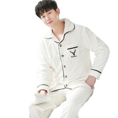 Men's Flannel Pajamas, Men's Long Sleeve Plush Thicken Set, Leisure Sleepwear China Factory