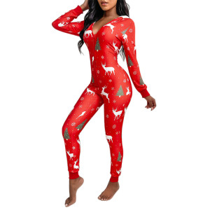 Adult Christmas Pajamas,Hooded Christmas Printed Home Clothes,V-neck Jumpsuit Women Wholesale