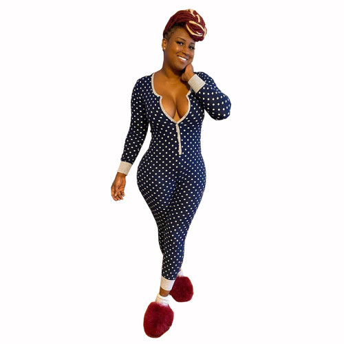 Woman's Onesie, Long Sleeve Pants Polka Dot Printing Winter V-neck Jumpsuit Wholesale