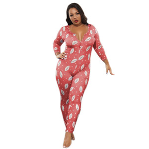 One Piece Sleepwear Womens, New Printed V-neck Tights Long Sleeve Pants Factory Price