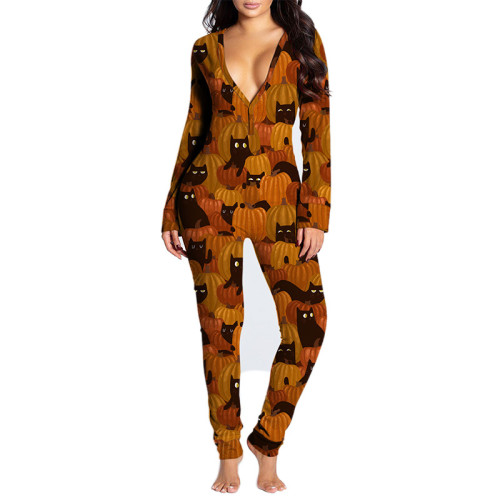 Halloween Pajamas Wholesale Cute Cat Prints Adult Romper Plus Size With Butt Flap Design
