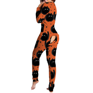 Women's Luxury Nightwear,Halloween New Button Flip Adult Pajamas,Printed Long Sleeve Home Clothes Jumpsuit