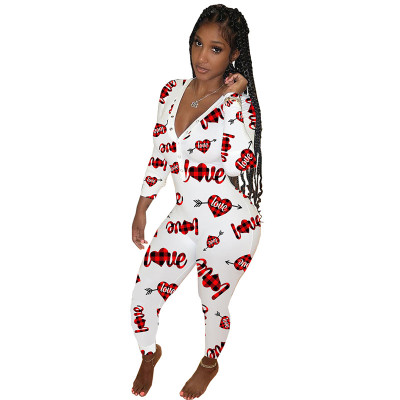 Deep V-neck  Different Fashion LOVE Prints Customized Plus Size Party Rompers Slim Fit Home Clothes One Piece Pajamas For Women