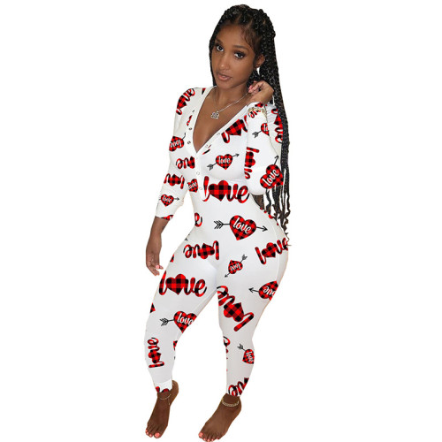 Deep V-neck Different Fashion LOVE Prints Customized Plus Size Party Rompers Slim Fit Home Clothes One Piece Pajamas For Women