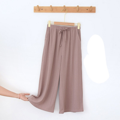 Rib Fabric Solid Color Simple Style Wide Leg Pajamas Bottoms Elastic Waist For Lady