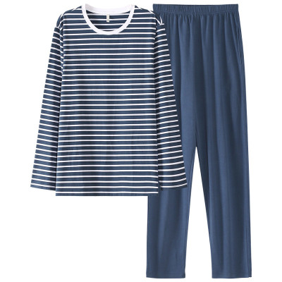 Men's Long Sleeve Pajamas, Round Neck Stripe Cotton Sleepwear Set, China Factory Suppliers