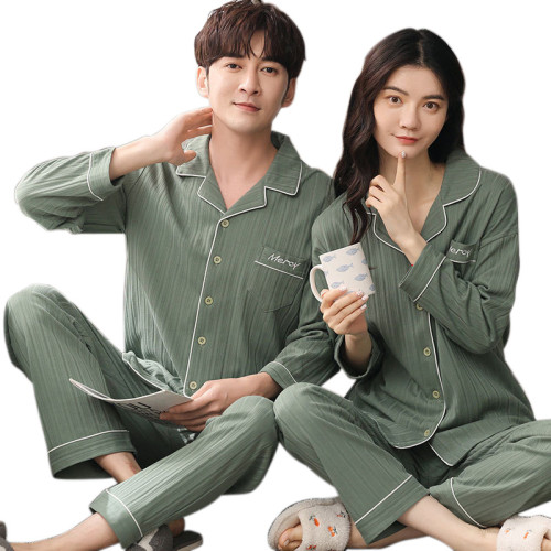 Men's Cotton Pajamas,Turn Down Collar Couple Pajamas Solid Simple Sleepwear Wholesale