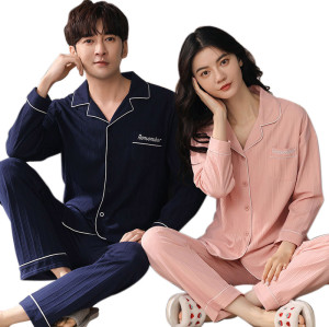 Men's Long Sleeve Pajamas,Cartoon and Solid Design Knitting Couple Winter Cotton Sleepwear Set Custom Size