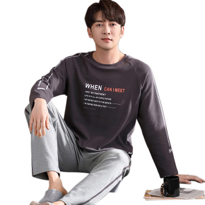 Men's Cotton Pajama Pants,Long Sleeve Trousers Set,Round Neck Loose Leisure Natural Wholesale