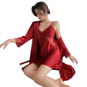 Nightgown for Women,Two-piece Set Silk Hollow Out Transparent Lace Pajamas Factory Price
