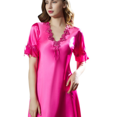 High Quality Ice Silk Material Vintage Style Thin Nightgown With Lace Plus Size and Different Colors For Choice