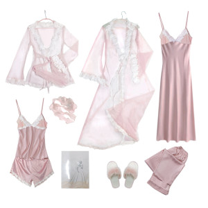Ladies Bridal Pajamas,Glam Nightgown Party Shower,Silk Lace Design Wedding Dress,Woman Robe Set Manufacturer