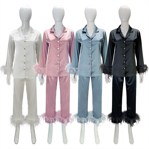 Satin Pajamas for Women, Long Sleeve Feather Sleepwear Two Piece Set Customize