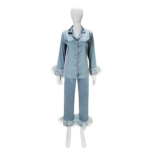 Satin Pajamas for Women, Long Sleeve Feather Sleepwear Two Piece Set Customize