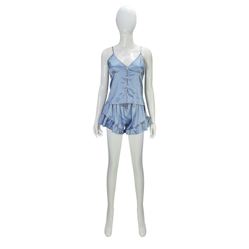 Woman's Satin Pajamas, Sleeveless Shorts Solid Two Pieces Sleepwear Set Customized