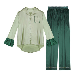 Satin Pajamas for Women, Long Sleeve Sleepwear Stitching Two Piece Set Customizable