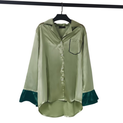 Satin Pajamas for Women, Long Sleeve Sleepwear Stitching Two Piece Set Customizable