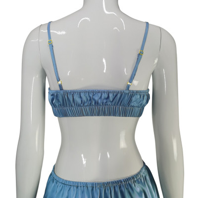 Woman's Satin Pajamas, O-neck Crop Top Sleeveless Shorts Two Pieces Set Customized