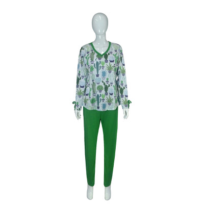 Long Sleeve Women's Sleepwear, Fresh Floral V-neck Lounge Wear PJ Set Customization