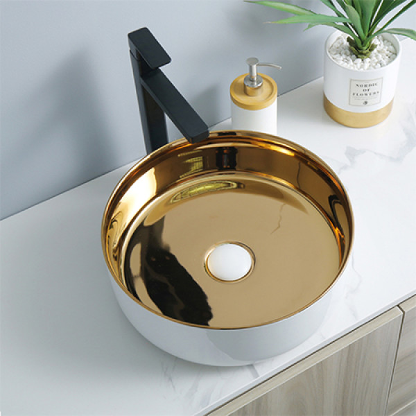 Ceramic modern golden color counter top basin for bathroom direct price