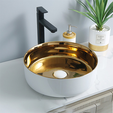 Lujoso lavabo de cerámica con encimera de color dorado de forma redonda al por mayor