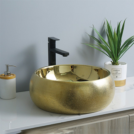 Proceso de dibujo de estilo de lujo sanitarios lavabo de cerámica baño color dorado lavabo único lavabo al por mayor