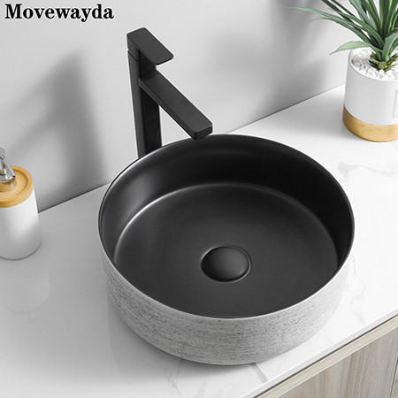 Proceso de dibujo de estilo moderno forma redonda cerámica mate arte negro encimera baño lavabo al por mayor