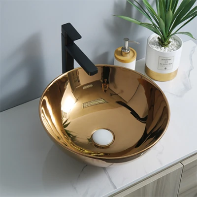 Venta caliente lavabo de baño de oro rosa completo al por mayor lavabo de cerámica redondo lavabo de encimera de electrochapado artes al por mayor