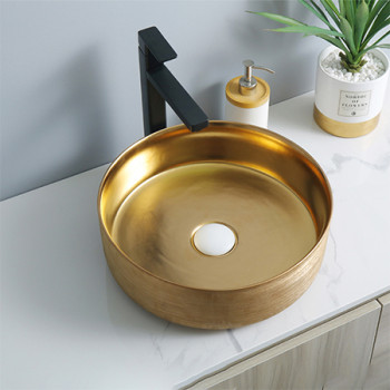 Gold basin ceramic round shape drawing process countertop bathroom wash basins