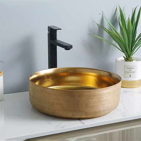 Lavabos de baño de encimera de proceso de dibujo de forma redonda de cerámica de lavabo de oro de estilo europeo