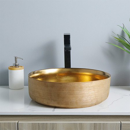 Lavabos de baño de encimera de proceso de dibujo de forma redonda de cerámica de lavabo de oro de estilo europeo