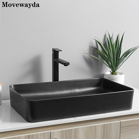 Lavabos de baño de encimera de lavabos de arte negro mate de cerámica de forma rectangular elegante moderna