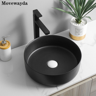 Европейский роскошный стиль круглой формы керамический матовый черный раковины для ванной комнаты столешница умывальник оптом