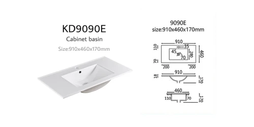 Longitud 900 mm fregadero de gabinete de borde delgado lavabo de baño lavabo rectangular al por mayor lavabo de cerámica