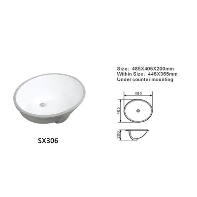 Length 485mm Semi-Recessed Oval Undermount Basin Sink Bathroom Sanitary Ware