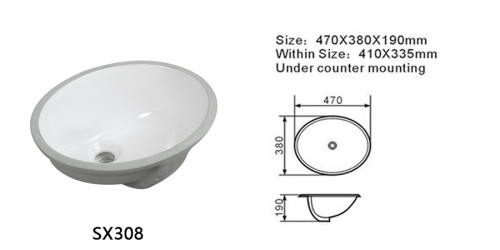 Lavabo ovalado semi-empotrado de 470 mm de longitud, artículos sanitarios para baño, lavabo bajo encimera