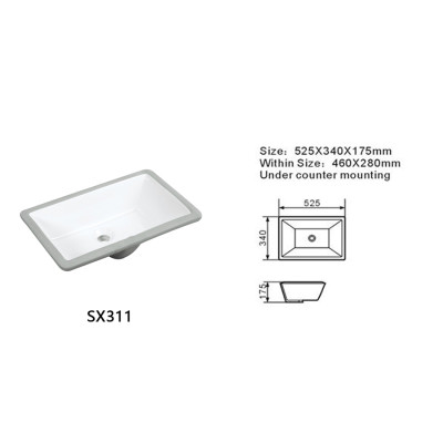 Length 525mm semi-recessed ceramic basin wholesale Under Counter Basin for bathroom
