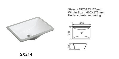 Length 455mm semi-recessed rectangle undermount basin sink for bathroom use
