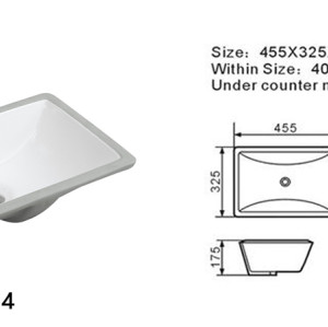 Lavabo rectangular semi-empotrado de 455 mm de longitud, artículos sanitarios para baño, lavabo para lavabo bajo encimera