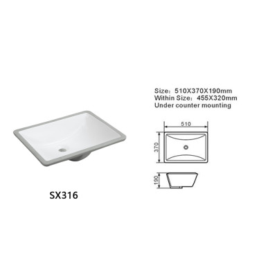 Length 510mm Semi-Recessed Rectangle Undermount Basin Sink for Bathroom
