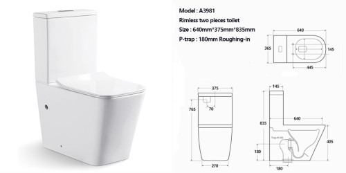 Neue quadratische Pfanne randlose Spülung Badezimmer Toilette Großhandel WC Keramik weiße Farbe zweiteilige Toilette Großhandel