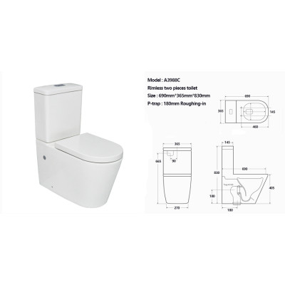 Bathroom wc watermark ceramic rimless two piece toilet wholesale Australia standard