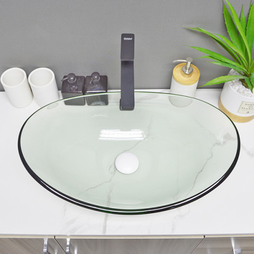 lavabo de cristal templado claro de la encimera de la forma redonda del lavabo para el hotel