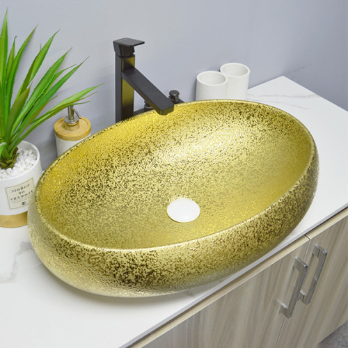 wholesale electrochapa de oro lavabo fregadero recipiente lavabo de encimera de forma ovalada