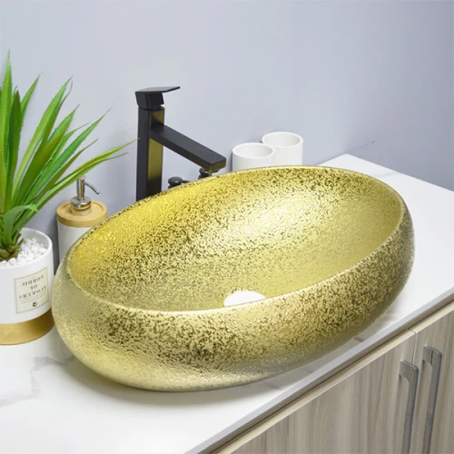 wholesale electrochapa de oro lavabo fregadero recipiente lavabo de encimera de forma ovalada
