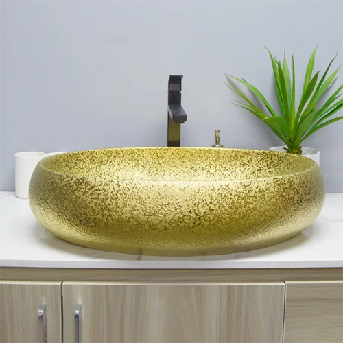 wholesale electrochapa de oro lavabo fregadero recipiente lavabo de encimera de forma ovalada