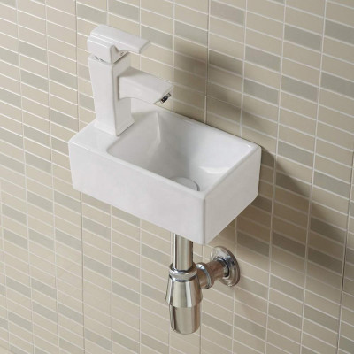 Ahorro de espacio Rectángulo Lavabo de cerámica blanco Pequeño soporte de pared para colgar para el baño
