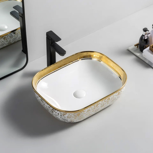 Lavabo a mano de cerámica dorada, lavabo dorado de lujo para baño, lavabo artístico sobre encimera