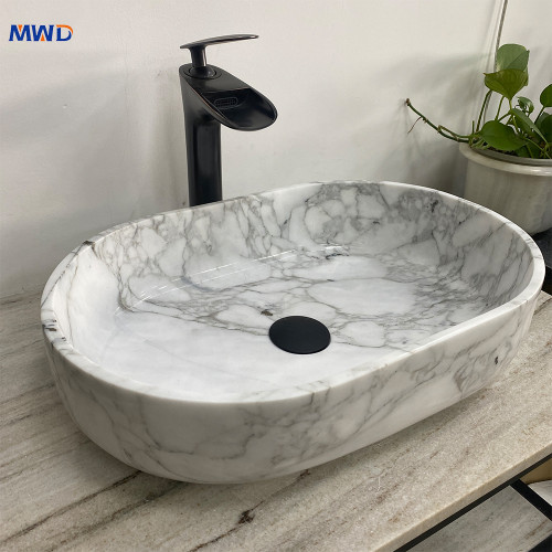 MWD factory Oval Shape wholesale Bathroom above counter natural white marble Stone Wash Basin sink