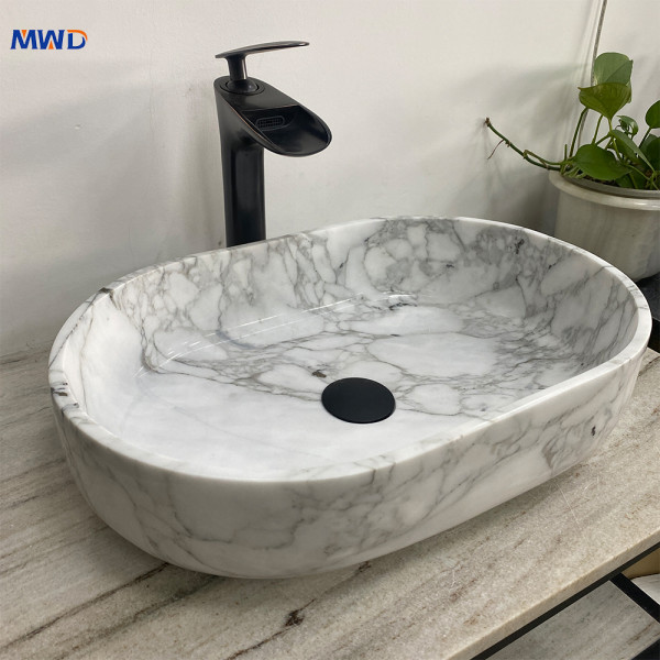Wholesale Oval Natural White Marble Above Counter Bathroom Sink | MWD Factory Direct